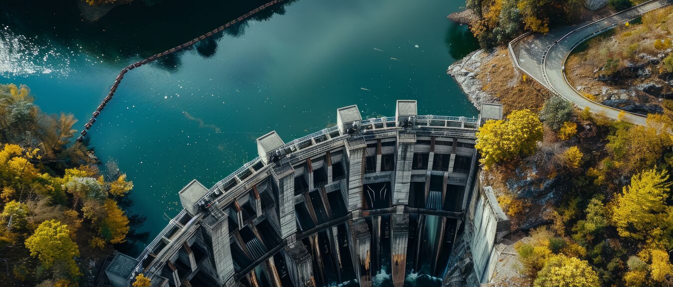 Aerial View of Hydroelectric Dam: Powering Industry and Harnessing Nature's Energy