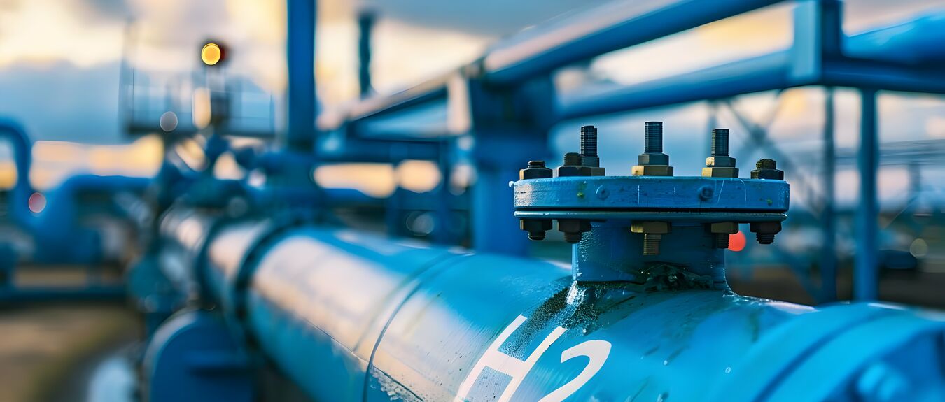 Close-up of a blue hydrogen pipeline marked 'H2' showcasing energy infrastructure and hydrogen fuel technology in an industrial setting.