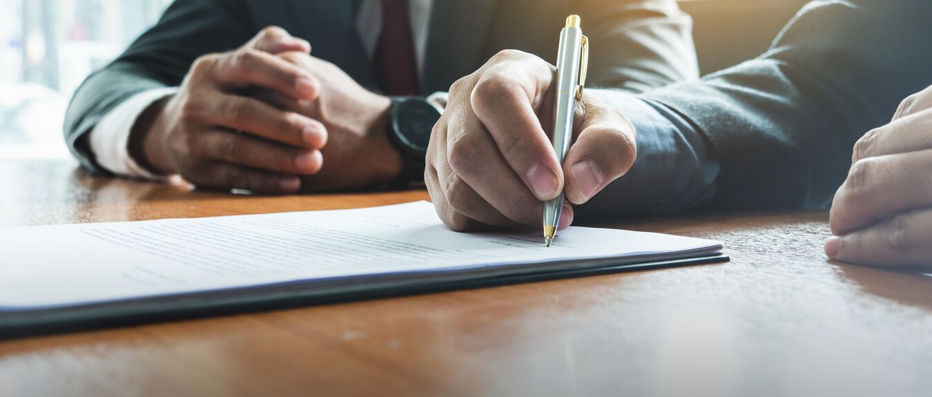 Business man sign contract investment professional document agreement meeting room office desk pen