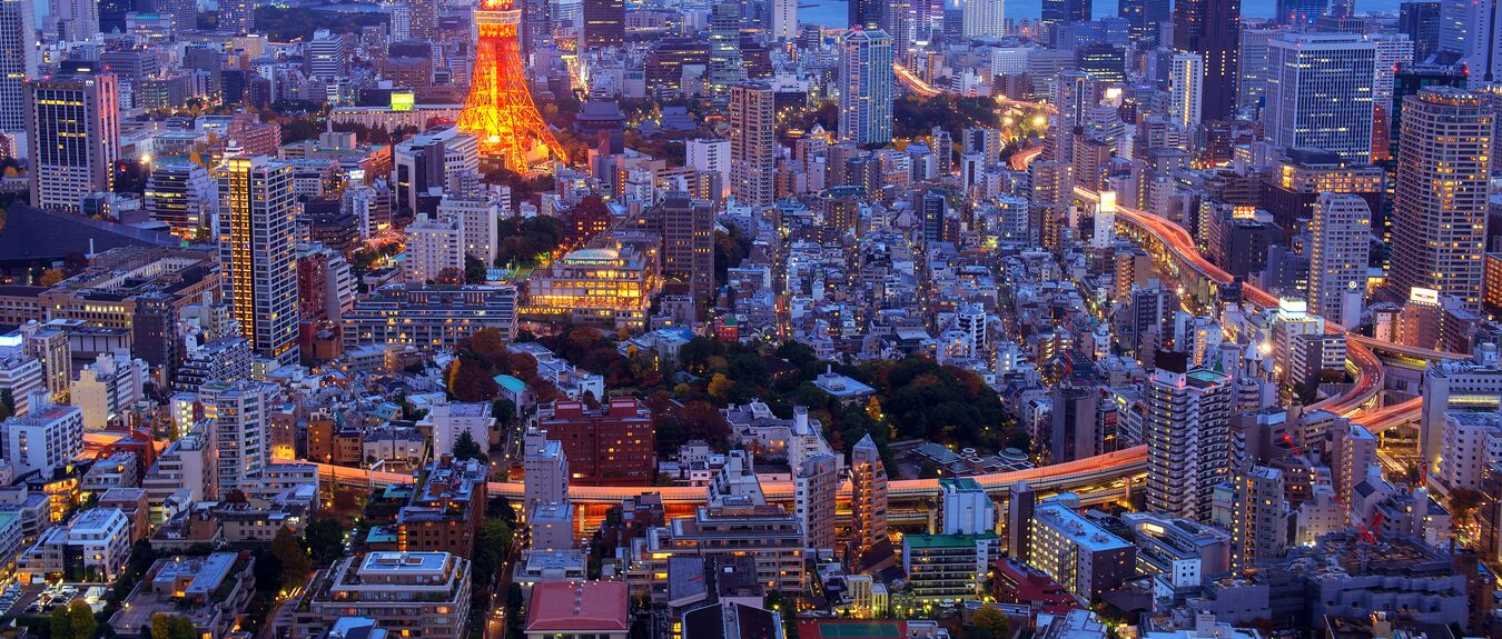 aerial night view of tokyo tower from Mori tower , roppongi hills , tokyo